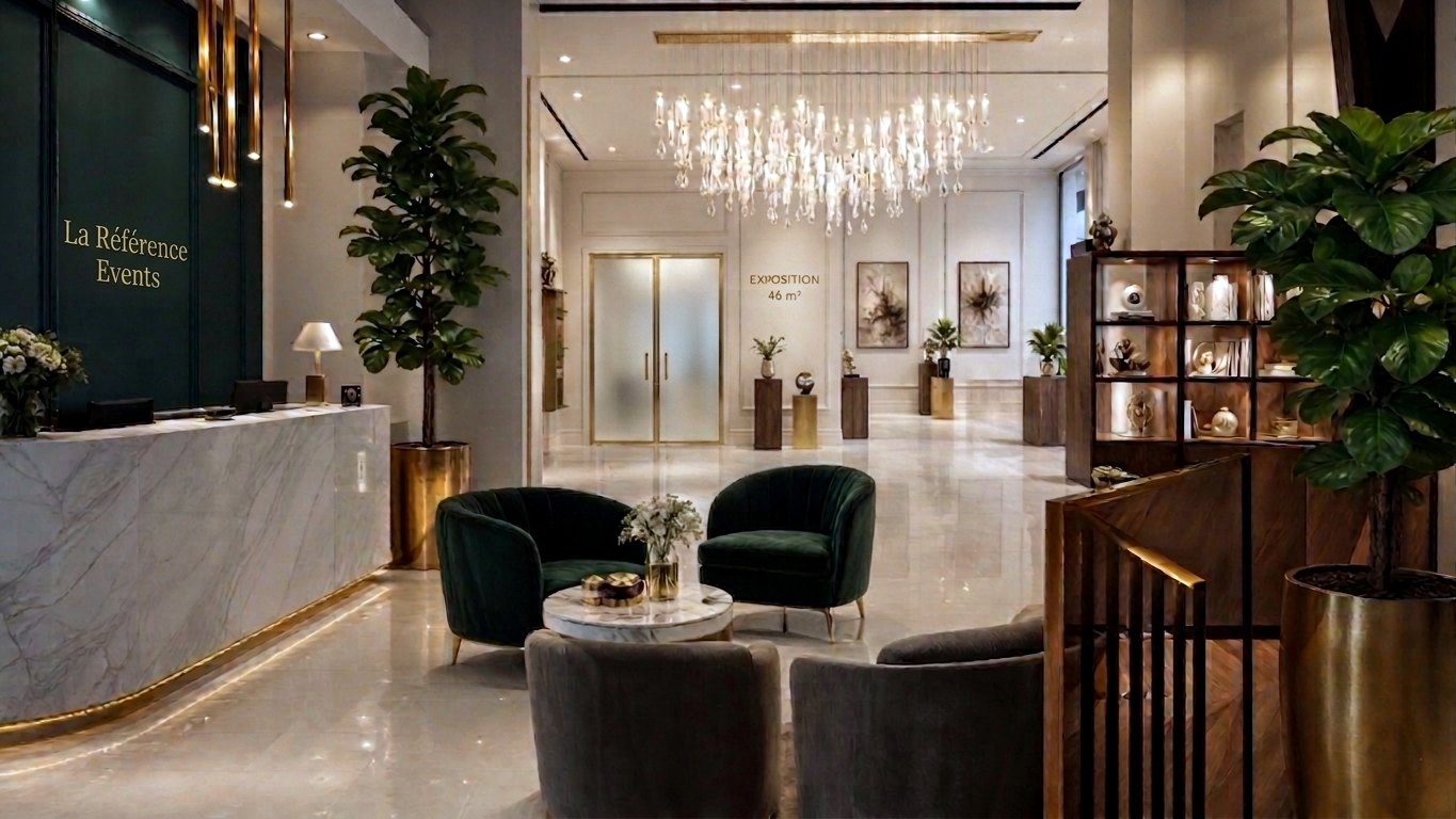 Hall d'accueil avec comptoir en marbre, lustre en cristal et salon de fauteuils en velours