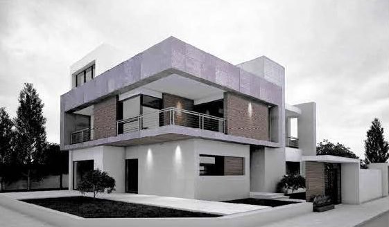 Villa contemporaine à étage, façade en pierre et bardage métallique