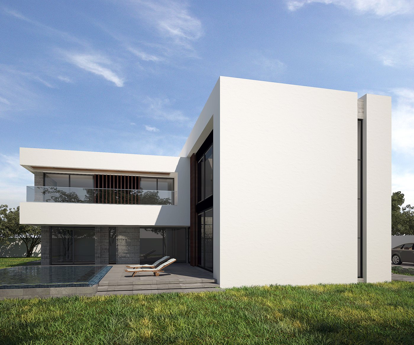 Villa moderne : volume blanc et terrasse sur piscine